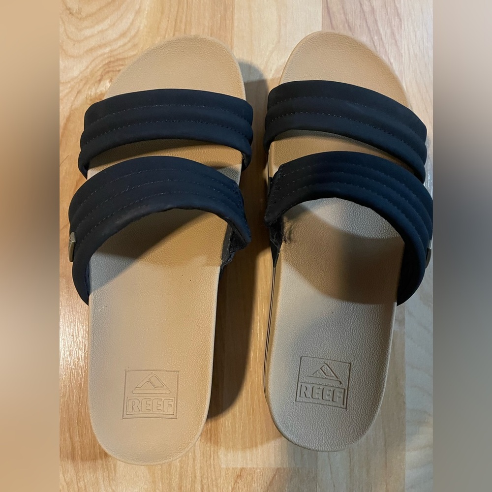 Reef Women's Black Double-Strap Slide Sandals with Tan Footbed
